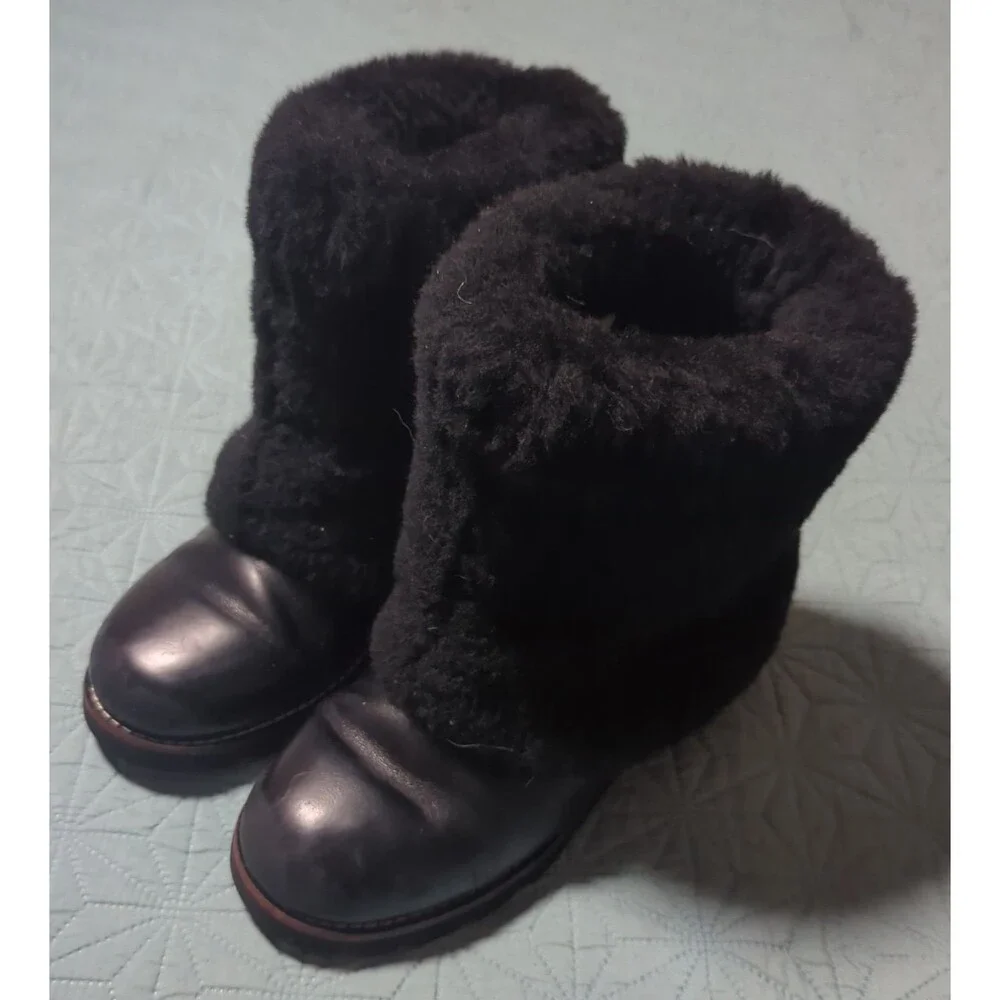 UGG Maylin Black Leather Sheepskin Lined Cuffed Mid Calf Boots Women's 6 Retired